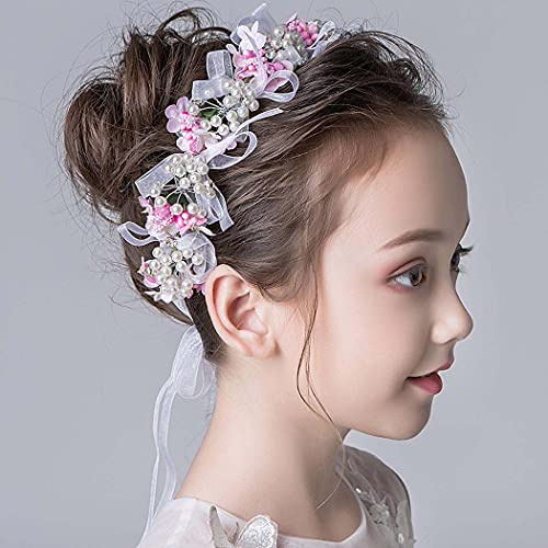 IYOU Prinzessin Perle Kopfschmuck Rosa Blume Stirnband Kristall Braut Hochzeit Haarschmuck Heilige Kommunion Haar Tiaras für Blumenmädchen