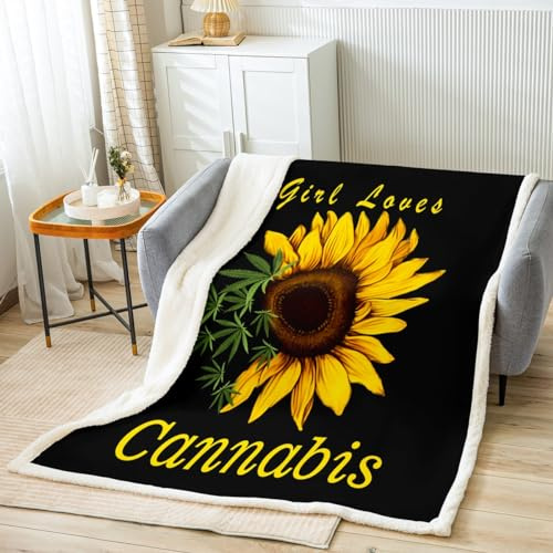 Feelyou Sunflower Throw Blanket for Bed Sofa Girls Kids Marijuana Weed Leaf Sherpa Blanket Women Room Decorative Cannabis Floral Fleece Blanket Flowers Botanical Warm Fuzzy Blanket Twin 60x80