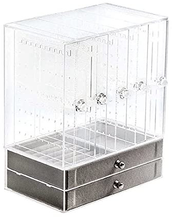MEETOZ Joyero de acrílico con 2 cajones, 5 soportes para pendientes, organizador de joyería de terciopelo, caja de almacenamiento transparente para mujer, para pulsera de anillo y collar.