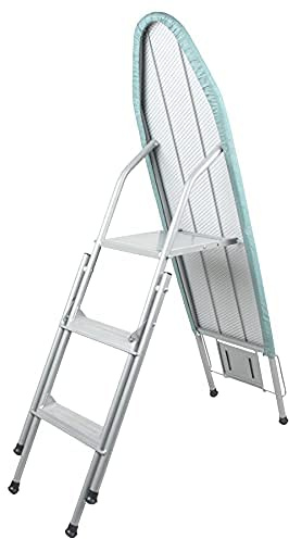 Franquihogar Klappleiter + Bügelbrett - All in One - Leiter mit 3 Stufen, Bügeleisen mit waschbarem Baumwollbezug, robuster Stahlrahmen, kratzfeste Beine