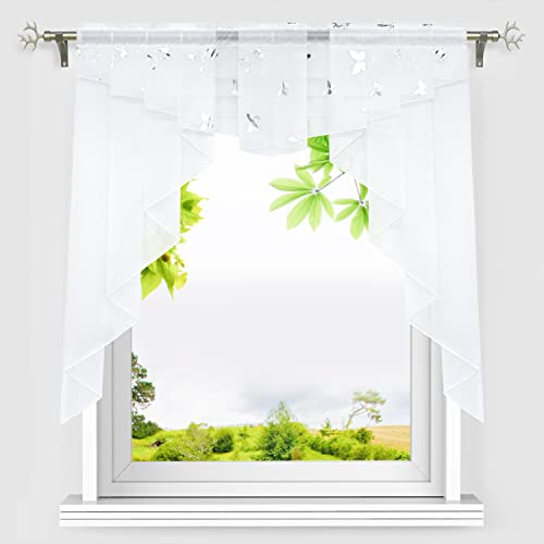 HeichkelL Voile Scheibengardine Modern Kurzstores mit Tunnelzug Kleinfenster Gardine Volant Silbrige Schmetterling Muster BxH 100x100 cm