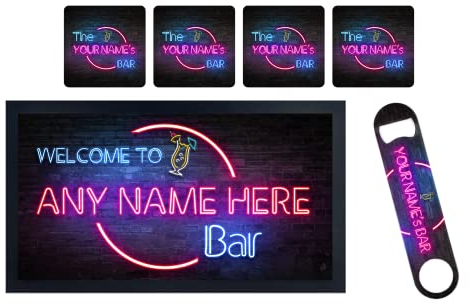 ShopQuality4U Personalise Bar Runner Mat, add-ons Bottle Opener, Drinks Coasters, Drip Mat, Shot Glasses | Beer Gifts Home Bar Accessories for Pub Bars Man Cave Him Her | ADD ANY NAME/TEXT Neon Effect