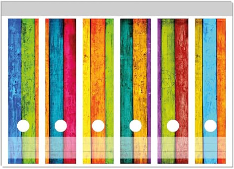 Wallario Ordnerrücken Sticker Buntes Holz - Bunte Streifen mit Farbe und Holzstruktur - Größe 6 Stück, Rückenschilder für 6 breite Ordner, Klebeetiketten