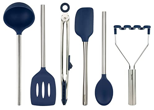 Tovolo Silicone Cooking Utensil Set of 6 Deep Indigo Ladle Slotted Turner Tongs Flex Core Spatula Scraper Mixing Spoon and Potato Masher, Dishwasher Safe Non Toxic BPA Free Silicone Kitchen Utensils