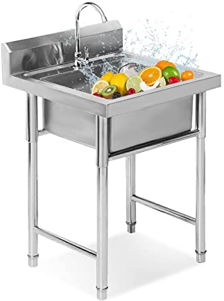 Freistehend Spültisch, Outdoor Garage Garten Küche Camping Keller Spülschrank Komplettspüle, Spülbecken Edelstahl Mit Wasserhahn, Abtropffläche Und Handwaschbecken