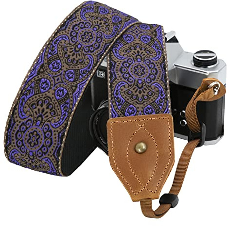 Padwa Lifestyle Sangle Appareil Photo - Tête en cuir classique du Crazy Horse Art,Sangle D'appareil Photo en Coton Brodé de 2,Bandoulière Photographe Réglable Pour Tous Les Appareils Photo DSLR
