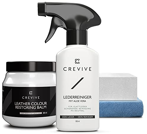 CREVIVE Leather Cleaner 250 ml & Leather Restorer White 300 ml - Leather Colour Restorer - Leather Restorer for Sofas - Leather Balm White