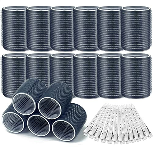 Acejoz Hair Rollers, 12Pcs Large Self Grip Hair Rollers with 12Pcs Stainless Steel Duckbill Clips, for Long Medium Thick Hair Volume (Navy Blue)