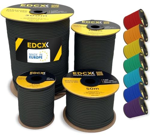 EdcX 4 mm Nylon Paracord 550 100 m (330 Fuß) – Typ III, 100% Nylonseil, 7-strängiges Seil, 4 mm Nylonseil in Volltonfarben (Black, 100 m)