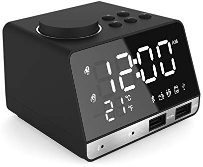 Subwoofer väckarklocka med trådlös laddning, digitala klockor för hemmet Radio Bluetooth-högtalare med usb-port, dubbla larm, 3 ljusstyrkor dimbar, spelare, stor spegel LED-skärm för sovrum, svart The