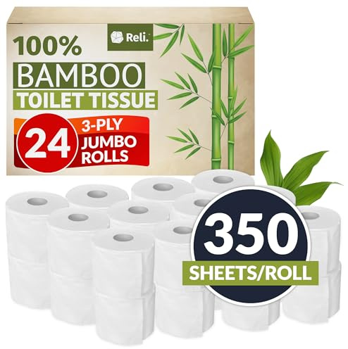 Reli. Bamboo Toilet Paper (24 Jumbo Rolls) | 3 Ply Toilet Paper (350 Sheets/Roll) Bathroom Tissue | Organic Bath Tissue | Bamboo Chemical Free Toilet Tissue Rolls (8400 Sheets Total)
