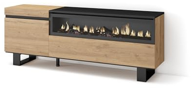 Skraut Home | TV-Schrank, Lowboard | für Wohnzimmer und Esszimmer | 150x57x35cm | Für TV-Geräte bis zu 65 | Elektrokamin. Maße | Industriedesign | Moderner Stil | Eiche Schwarz