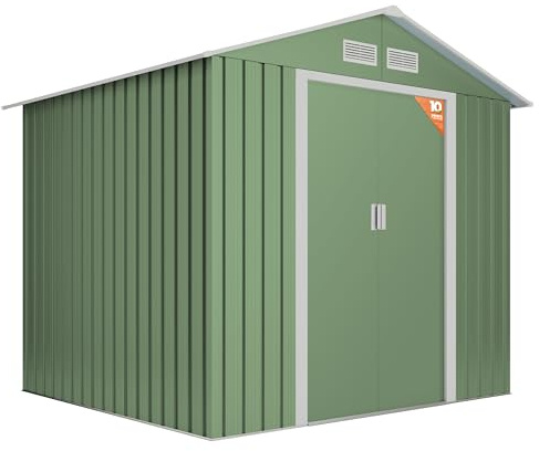 Wasabi - Caseta Jardín Exterior 5,27 m2 Light Green – 261x202x202cm - Doble Puerta Corredera - 4 Rejillas Anticondensación – Verde y Beige - Techo a Dos Aguas - Cobertizo Metálico Almacenaje
