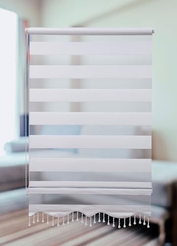 PlisseeOnline Doppelrollo Klemmfix ohne Bohren Weiß mit Perlen Duo Rollo für Fenster und Türen Plissee Rollo Gardine 100 x 150 cm Blickdicht Klemmrollo mit Perlen Seitenzugrollo