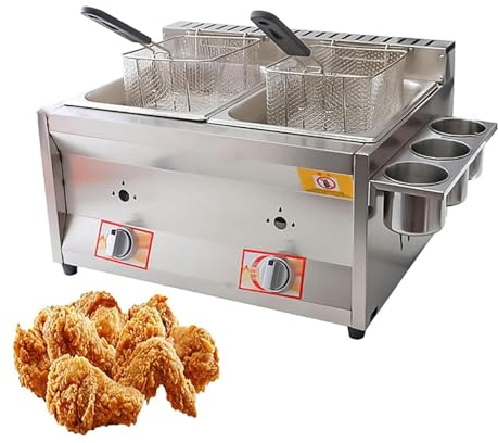 SenhE Commercial Gas Deep Fat Fryer Twin Tank, Deep Fryer, Adjustment Temperature, for Catering Takeaway Restaurant Café Coffee Shop, with Removable Basket