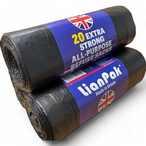 40pcs Lianpak Heavy Duty Extra Strong, Drawstring, 120L All-Purpose Large Refuse Sacks, Bin Bags, Bin Liners, Recycled, Tear Resistant, Every Day, Household, Kitchen, Commercial,20 Bags/Roll, 2 Rolls