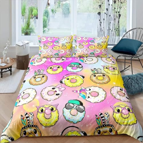 Sezhiqeu Set Copripiumino Matrimoniale 240x220 cm Ciambelle Dei Cartoni Animati per Bambini, Biancheria da Letto Ciambelle Kawaii in Microfibra Morbida, 3d Copripiumini e 2 Federe con Cerniera F4900