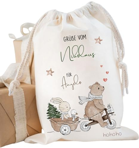 Sprinkle & Style HANDMADE BOUTIQUE personalisierter Nikolaussack, Nikolausbeutel, Nikolausstiefel, Geschenkstasche zum Weihnachtsmann, in natur zwei Größen personalisiert (Klein (20 x 24 cm))