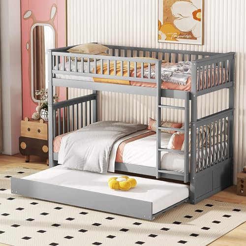 MQGPM Etagenbett 90x200 cm mit Ausziehbett und Leiter, Stockbett Kinderbett mit Lattenrost und Rausfallschutz, Bett für Kinder und Jugendliche, Bettgestell aus Kiefernholz, Grau