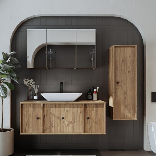 ROOMART Badezimmermöbel Set Gusto 120 cm 4 Teilig mit Keramik Waschbecken (Eiche, Komplett Set -)