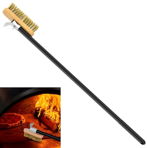 Brosse pour four à pizza 130 cm, grattoir acier, poignée amovible aluminium, brosse laiton – Idéal nettoyage four, pierres à pizza, barbecues