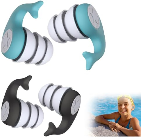 2 Pares Tapones Oídos Natación Adultos, Impermeables Tapones Oídos Natación, Reutilizables Tapones Oídos Natación Suave Perfecto para Surf, Buceo (Negro y Azul）