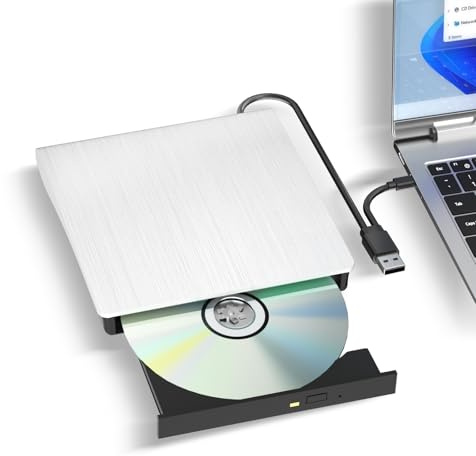 White Portable External CD/DVD Drive for Laptop, Plug & Play USB CD Drive