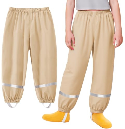 Baogaier Pantalon de Pluie pour Enfants, Tout-Petits Non doublée Pantalon Coupe-Vent et imperméable Pluie, Kaki Garçons Fille Anti-Boue Léger et Fin Pantalon avec Réfléchissant pour 9-10 Ans