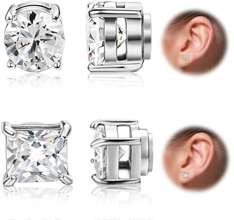IKOPFLN 2 Pares Hombres Mujeres Pendientes de diamantes, imán falso de la Mujer Click-on Piercing falso dilatador Plug, plata circonio diamante simulado Sparkles