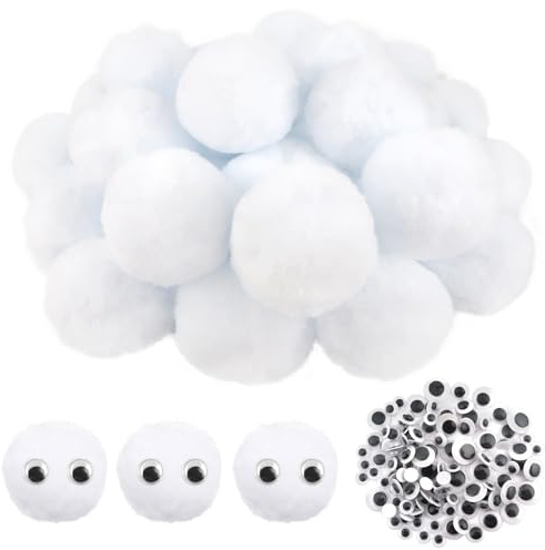 TOAOB 30 Stück 6 cm Weiß Pompons zum Basteln Groß Pom Poms | mit Selbstklebend Wackelaugen, Bälle Kunst Bommel für Dekorieren, Verzieren Nähen DIY Lustige Kreativen Handwerk