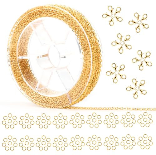 10 Metri Catene per Collane Fai da Te, Catena di Collegamento Collana, Dorati Catena a Maglie da 3 mm con 30 Chiusure di Aragosta e 150 Anelli di Salto per Collana Fai Da Te Accessori di Gioielli