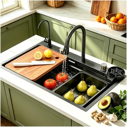 70 x 50 cm köksbänk, vattenfall handfat rostfritt stål svart grå, 1 handfat, stor arbetsplats köksbänk, med utdragbar kran kök, 2 droppkorg, skärbräda, tvåldispenser, glassköljare, sifon