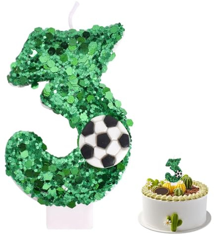 YANGWEN 3D Velas De Cumpleaños, Fútbol Verde Vela,Velas cumpleaños numeros，Velas cumpleaños Bengala，Vela de Número 3 de Pastel Decoración,Aniversarios,Baby Shower de Cumpleaño(Número 3)