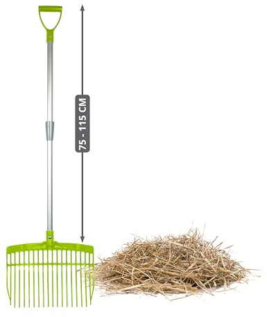 horizont Schwedengabel mit verstellbarem Aluminiumstiel 75–115 cm, Mistgabel für Kinder & Erwachsene, leichte stabile Dunggabel, ergonomisch & wetterfest, Heugabel Kinder, Bollengabel