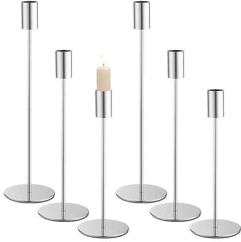 Set Portacandele da 6 Pezzi Argento,Portacandele in Metallo 33/28/23CM,Portacandele Vintage Set,Adatto per Matrimoni, Natale, Cene a Lume di Candela Ornamenti
