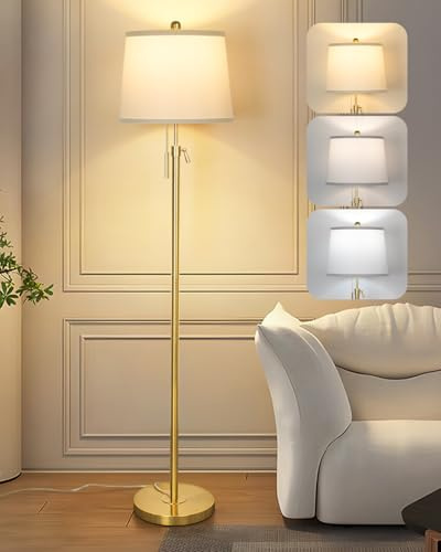 Qingmiao Stehlampe Wohnzimmer Modern Stehleuchte Standleuchte 140-165cm höhenverstellbare Leselampe mit Leinen-Lampenschirm, 3 Farbtemperatur,E27 Fassung, Gold (9W Glühbirne inklusive)