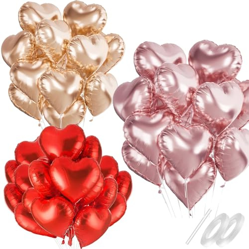 Waziwe [24 Stück] Herzluftballons • 18 Zoll Herz Folienballons Können mit Helium Gefüllt Werden, perfekt für Hochzeitsdeko, Valentinstag Deko Babypartys und Luftballons Geburtstag(Rot Rosa Roségold)