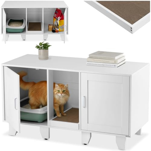 tectake® Mobile lettiera gatto chiusa a due ante, ingresso centrale, tappetino tiragraffi, mobiletto lettiera gatto, armadietto per lettiera gatti, ante magnetiche - 120 x 52 x 65 cm - Bianco