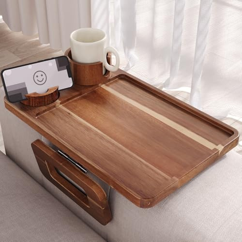 Fibogollo 1 3 in 1 Acacia Wood Couch Arm Tray,Couch Tray with Cup holder and Phone Holder,Folding Sofa Armrest Trays Clip-On Sofas Desk for Drinks,Snacks,Phone,Remote Control