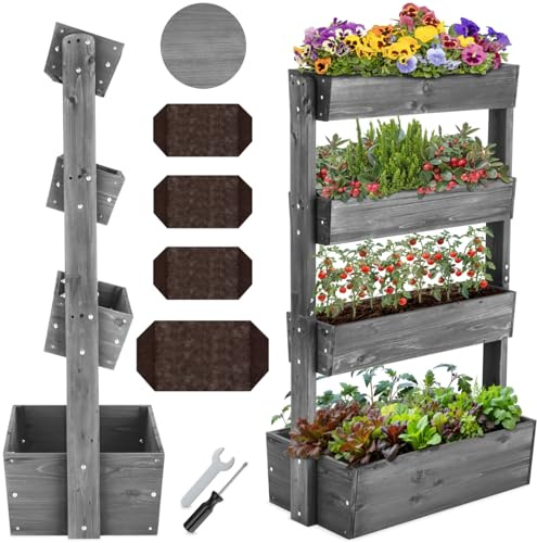 tectake® Jardinière Verticale, 4 étages, 85 x 45 x 140 cm, Bois de Sapin | 3 étages inclinables, résistant aux intempéries, drainage intégré, voile horticole incluse, capacité 30 kg, gris