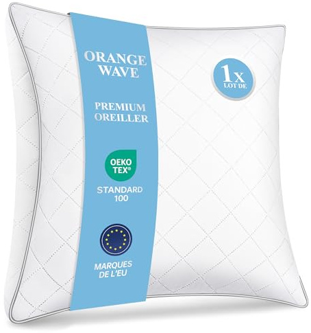 Orange Wave Oreillers 60x60 cm Lot de 1, Oreiller en Microfibre Moelleux, Hypoallergénique, Lavable, Oreillers Qualité Hotel Idéal pour Dormeurs sur Le Côté et Le Dos, Coussin Respirant et Doux