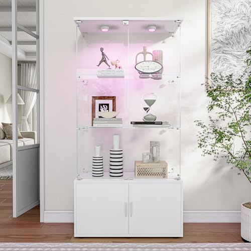 EZSSW Glasvitrine, freistehende Vitrine mit Stauraum - DREI Einlegeböden und EIN Unterschrank, mit Schutzschloss, gehärtetes Glas, leicht zu reinigen (Weiß, Klatschsensor-Licht)