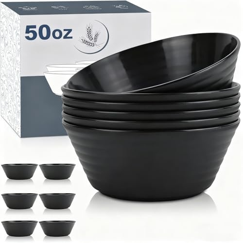 Wrova Reusable Plastic Bowls Set of 6 Large Capacity Bowls Set 50 oz, Salad Bowls, Ramen Bowls Microwave and Dishwasher Safe Serving Bowl for Kitchen, Camping - Black
