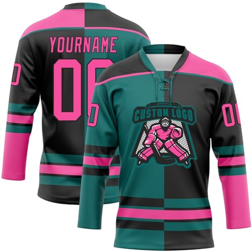 Personalized Hockey Team Jersey for Training & Fans, Design Lace Up Neck Long Sleeve Split Two-Tone Ice Hockey Shirts for Men Women Youth Boys Girls, Custom Black Teal Pink Field Hockey Sports Uniform