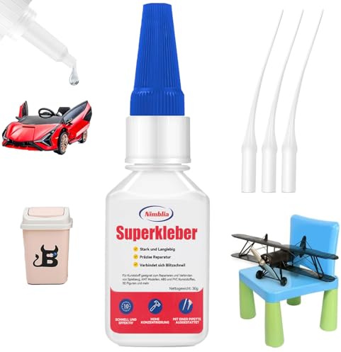 Nimblia Modellbau Kleber, 30ml Kunststoffkleber, Sekundenkleber Extra Stark mit 3 Pipetten, Hochfester Kunststoffkleber für Modellbau, Spielzeug, PVC, ABS, PS, Hobby & DIY