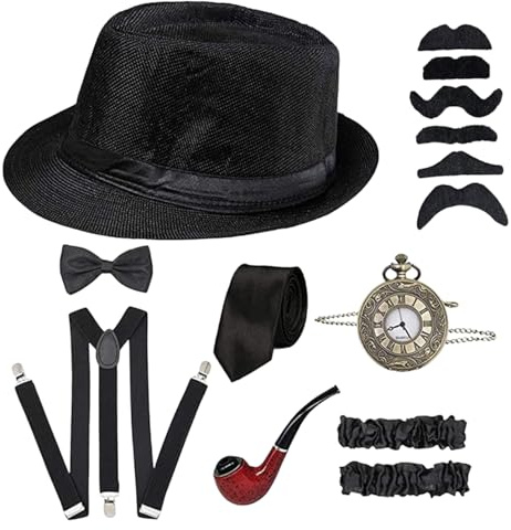 DAGLLGEW Gangsterkostym barn, 1920-tals kostym för barn inkluderar Fedora-hatt, slips, rosett, hängslen, fickur och mer, saker för bal, fest, utklädnad Fedora-hattar för hängslen