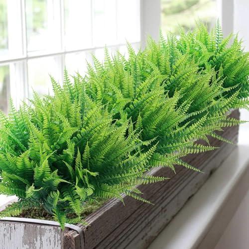 Maoskax Artificial Boston Ferns, 8 Pack Fake Lifelike Plastic Plants, UV Resistant Faux Greenery Bushes for Indoor Outdoor Home Garden Patio Porch Window Box Decor
