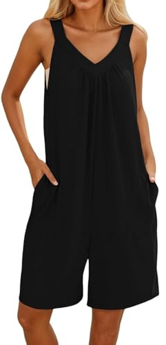 Generisch Salopette da donna corta con scollo a V, estiva, senza maniche, con grandi tasche, lunghezza al ginocchio, per tutti i giorni, spiaggia, vacanze