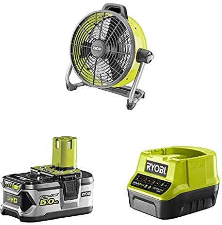 Ryobi ONE+ Cordless Floor Fan, 18V + RB18L50 Lithium+ 5.0Ah Battery, 18V RC18120 Compact Charger