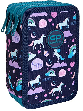 CoolPack 3-Fach Mäppchen Federmappe Federtasche XXL Federtasche Federmappe 3-Fach Schulstiftetui, dreifaches Federmäppchen 44-teilig gefüllte Schüleretui 3-stöckig Happy Unicorn, Bunt, E67549